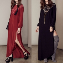 Sexy Backless Slit Hem Hollow Out Lace Spliced Maxi Dress