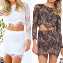Sexy Lace Spliced Long Sleeve Crop Tops + High Waist Bust Skirt Set