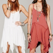 Fashion Solid Color Irregular Hem Sling Dress