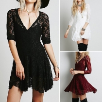Sexy Deep V-neck Long Sleeve Irregular Hem Lace Dress