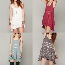 Fashion Sleeveless Round Neck Lace Spliced Flouncing Hem Dress