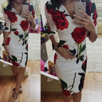 OL Style Half Sleeve V-neck Rose Printed Slim Fit Dress