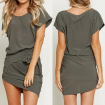 Fashion Solid Color Short Sleeve Round Neck Irregular Hem Dress