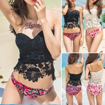Sexy Hollow Out Lace Spliced Bandeau Bra + Printed Briefs Bikini Set