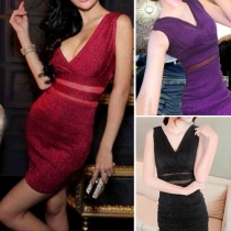 Sexy Deep V-neck Gauze Spliced Sleeveless Slim Fit Dress