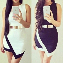 Fashion Sleeveless Round Neck Irregular Hem Slim Fit Contrast Color Dress