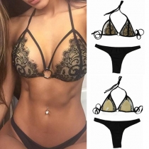 Sexy Lace Spliced Halter Bikini Set