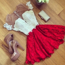 Sexy See-through Gauze Spliced Short Sleeve Round Neck Lace Dress