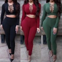 Sexy Hollow Out Deep V-neck Long Sleeve Crop Tops + High Waist Pants Two-piece Set