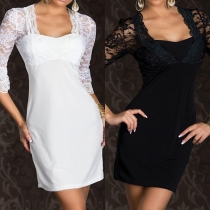 Sexy Lace Spliced Trumpet Sleeve Square Collar Clubwear Dress