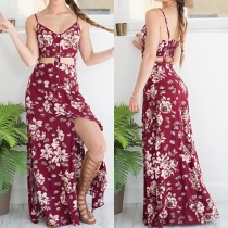 Sexy Backless Slit Hem Hollow Out High Waist Printed Sling Dress