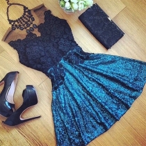 Sexy See-through Gauze Lace Spliced Sleeveless Party Dress
