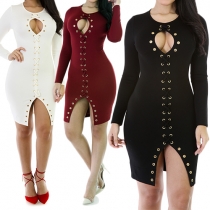 Sexy Long Sleeve Slit Hem Hollow Out Lace-up Sheath Dress