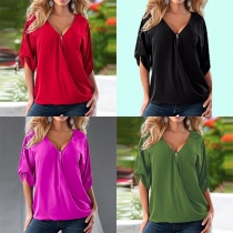 Fashion Solid Color Half Sleeve V-neck Chiffon Tops 