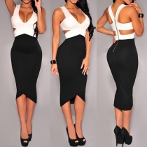 Sexy Backless Deep V-neck Irregular Hem Contrast Color Sheath Dress