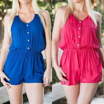 Sexy Backless Sleeveless Gathered Waist Lace Spliced Rompers