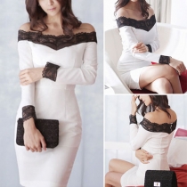 Sexy Slash Neck Lace Spliced Long Sleeve Slim Fit Dress