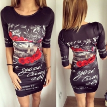 Fashion Half Sleeve Round Neck Slim Fit Printed Dress