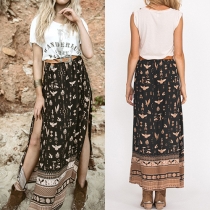 Bohemian Style High Waist Slit Hem Printed Maxi Skirt