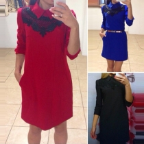 OL Style 3/4 Sleeve POLO Collar Lace Spliced Shirt Dress