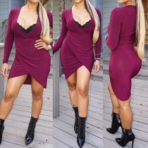 Sexy Deep V-neck Irregular Hem Long Sleeve Sheath Dress