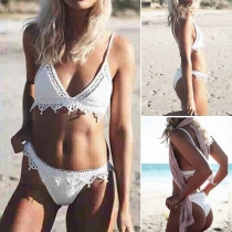 Sexy Lace Spliced Solid Color Bikini Set