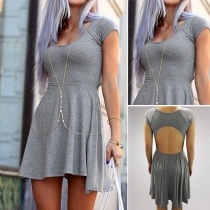 Sexy Backless Short Sleeve Round Neck Solid Color Dress