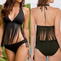 Sexy Solid Color Tassel Halter Bikini Set