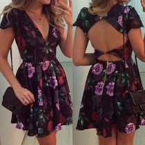 Sexy Backless Deep V-neck Short Sleeve Printed Dress