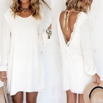 Sexy Backless Lace Spliced Long Sleeve Chiffon Dress