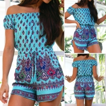 Sexy Slash Neck Short Sleeve Printed Rompers