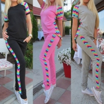 Fashion Rainbow Printed Short Sleeve Round Neck Sports Suit