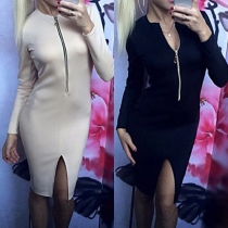 Sexy Deep V-neck Slit Hem Long Sleeve Solid Color Sheath Dress