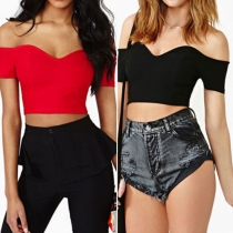 Sexy Off-shoulder Short Sleeve Solid Color Crop Tops 