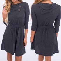 Fashion Solid Color Long Sleeve Square Collar Dress