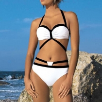 Sexy Contrast Color Hollow Out Halter Bikini Set