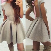 Sexy Backless Short Sleeve Round Neck High Waist Dress