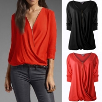 Fashion Solid Color 3/4 Sleeve V-neck T-shirt