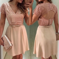 Sexy Backless V-neck Lace Spliced Short Sleeve Dress