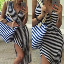 Sexy Deep V-neck Slit Hem Sleeveless Striped Dress
