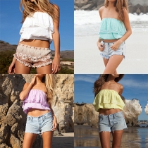 Sexy Strapless Lace Spliced Solid Color Crop Tops 