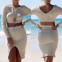 Sexy Long Sleeve Crop Tops + High Waist Slit Hem Bust Skirt Knit Set