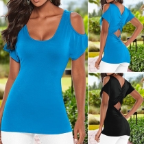 Sexy Off-shoulder Short Sleeve Round Neck Solid Color T-shirt