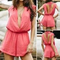 Sexy Backless Deep V-neck Lace Spliced Gathered Waist Rompers