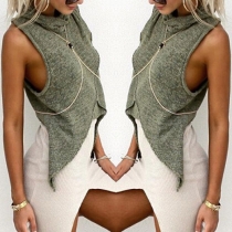 Fashion Solid Color Sleeveless Turtleneck Irregular Hem Tops 