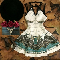 Sexy Backless Deep V-neck High Waist Printed Dress
