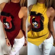 Fashion Sleeveless Turtleneck Slit Hem Printed Tops 
