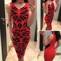 Fashion Sleeveless V-neck Slim Fit Printed Dress