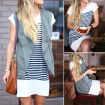 Fashion Short Sleeve Round Neck Striped Spliced T-shirt Dress