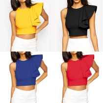 Sexy Sleeveless Round Neck Flouncing Crop Tops 
